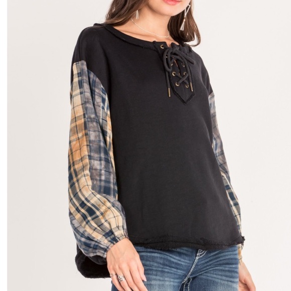 Miss Me Tops - MISS ME Laced Sweatshirt Plaid Sleeves 100% Cotton
